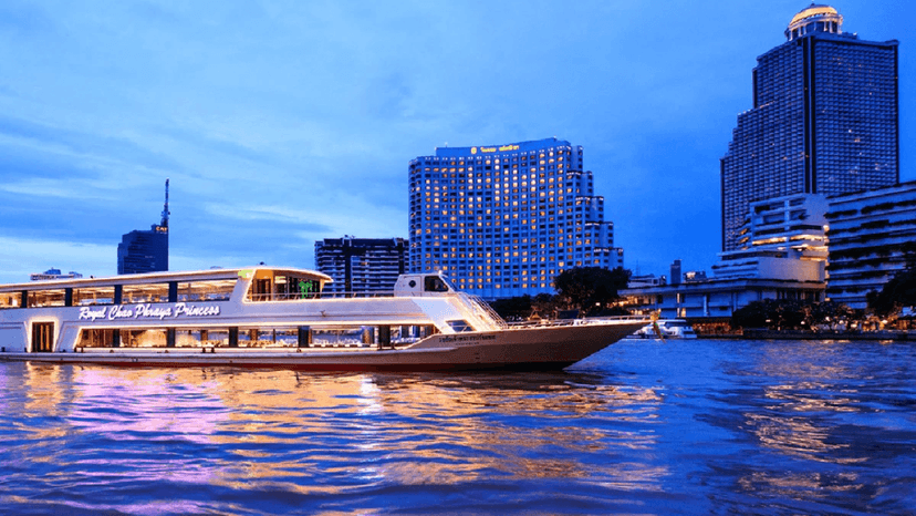 Nighttime Chao Phraya River Scenery From Cruise Window