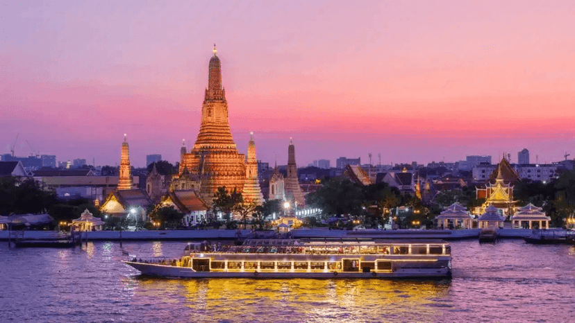 Couple On Romantic Bangkok River Dinner Cruise With Lights